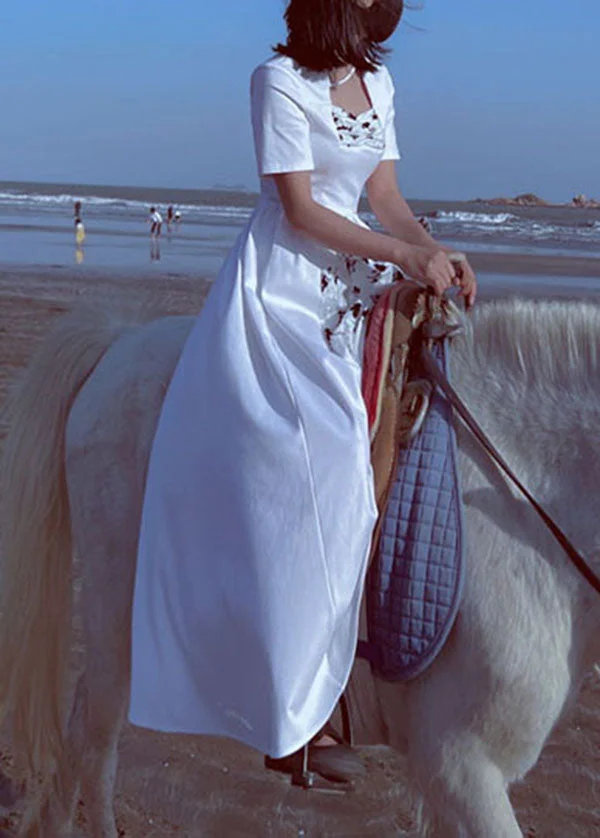 Art White Square Collar Patchwork Print Exra Large Hem Silk Long Dresses Short Sleeve