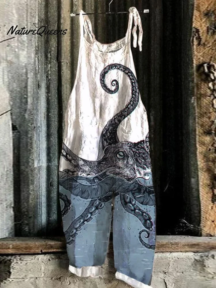 Fierce Octopus Linen Blend Loose Casual Jumpsuit