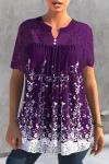 Plus Size Lace Stitching Print Button Detail Short Sleeve Blouses