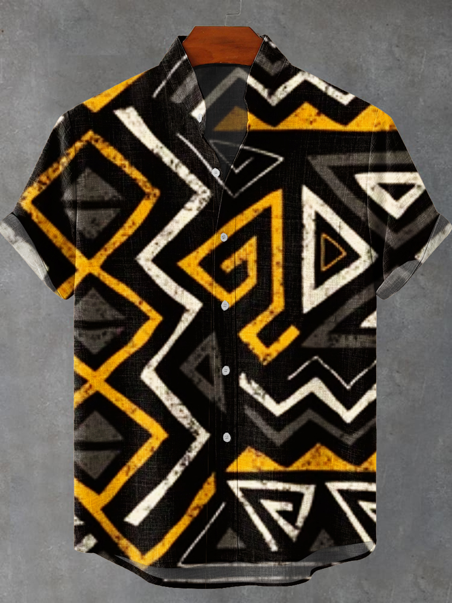 Vintage Abstract African Geometry Totem Painting Art Print Casual 100% Cotton Shirt
