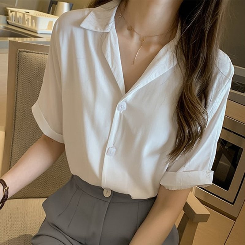 2021 Summer Shirts Women Blouses Casual Solid Turndown Collar Short Sleeve Office Lady Buttons Tops Clothing Female Blusas