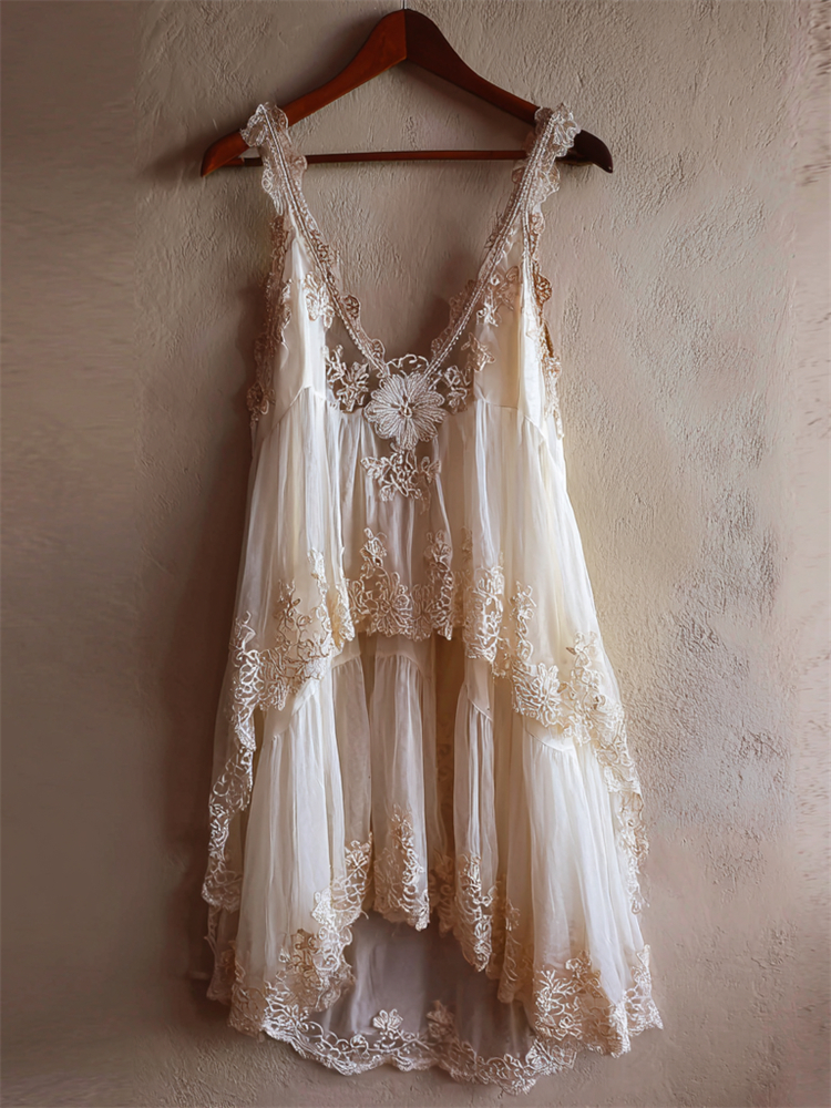 Vintage Boho Floral Lace Layered Flowy Tank Dress elevenforest