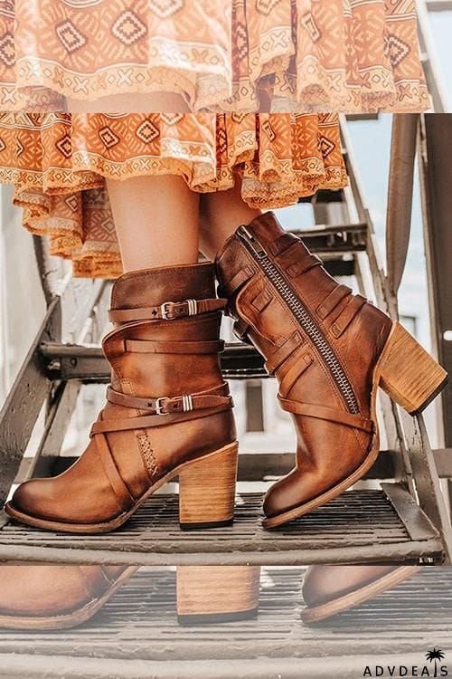 Vintage Buckle Zipper Mid-Calf Boots
