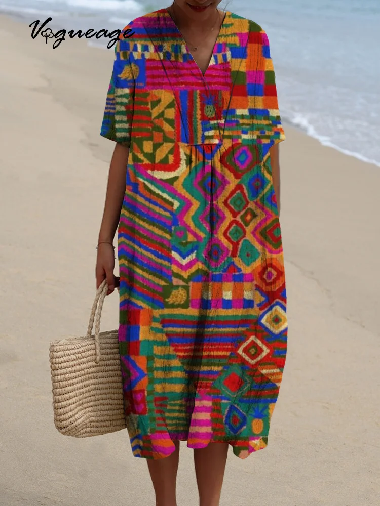 Fashion Art Color Printed Women's Casual Cotton And Linen Dress