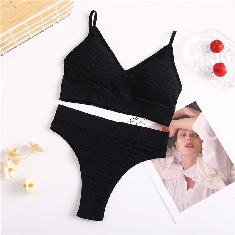 FINETOO Women Padded Bra Brazilian Panties Set Seamless Tops Sports Bra Set Sexy Thongs Girl Lingerie Fitness Crop Top Underwear
