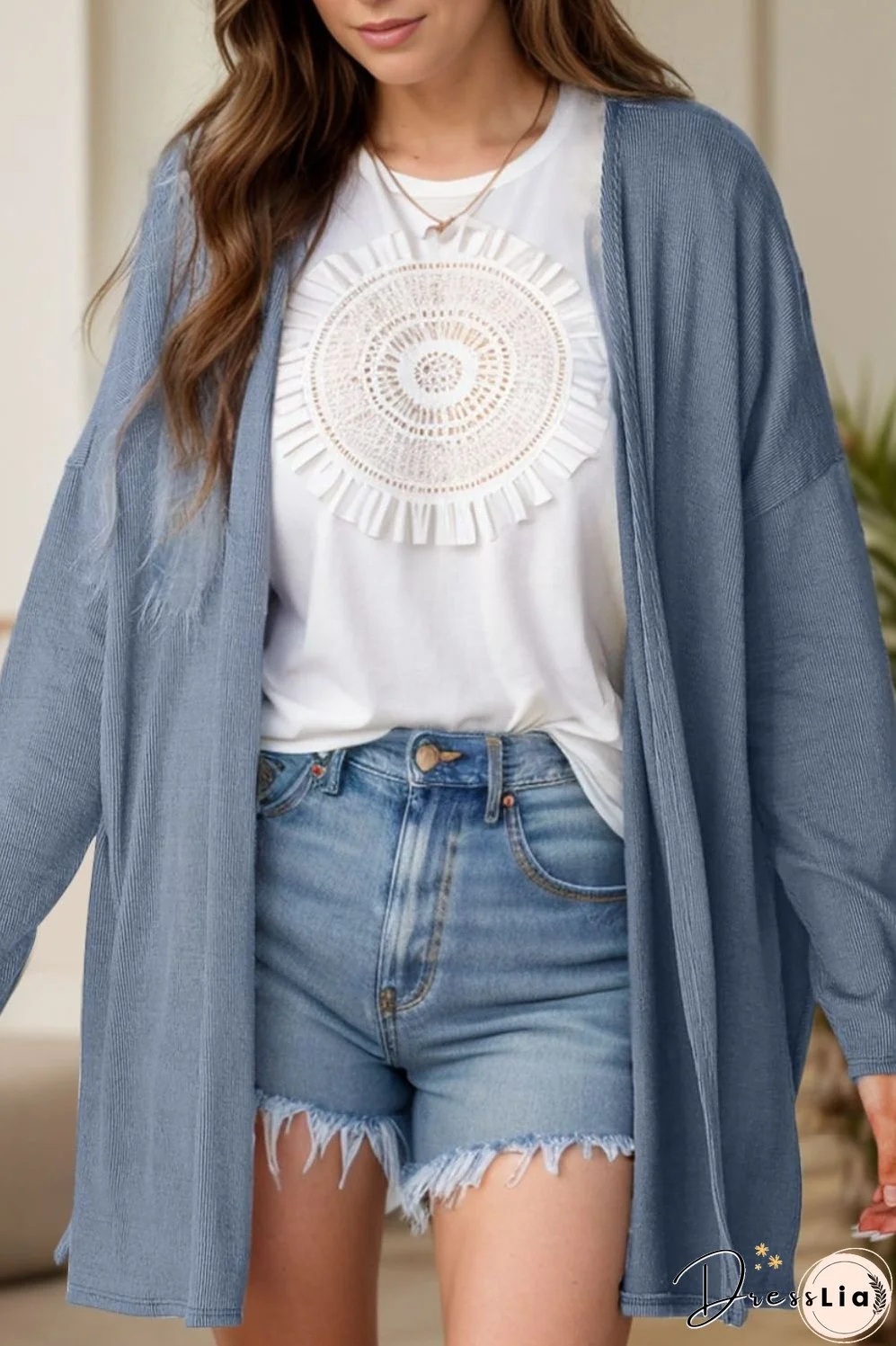 Slit Open Front Long Sleeve Cover Up