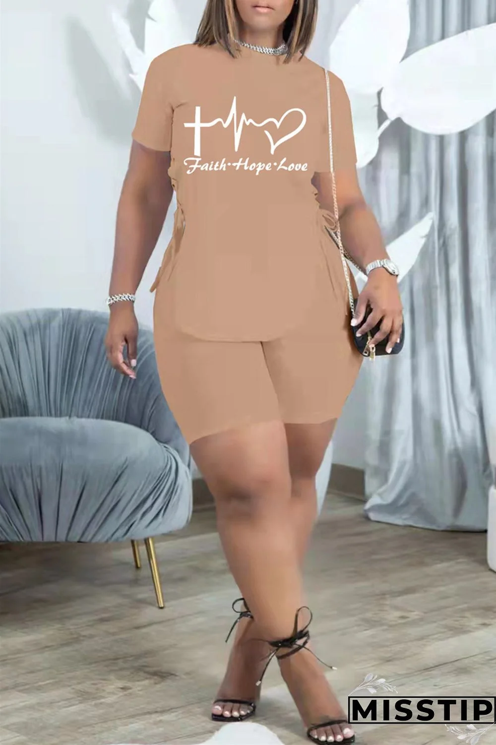 Black Fashion Casual Print Bandage Slit O Neck Short Sleeve Two Pieces