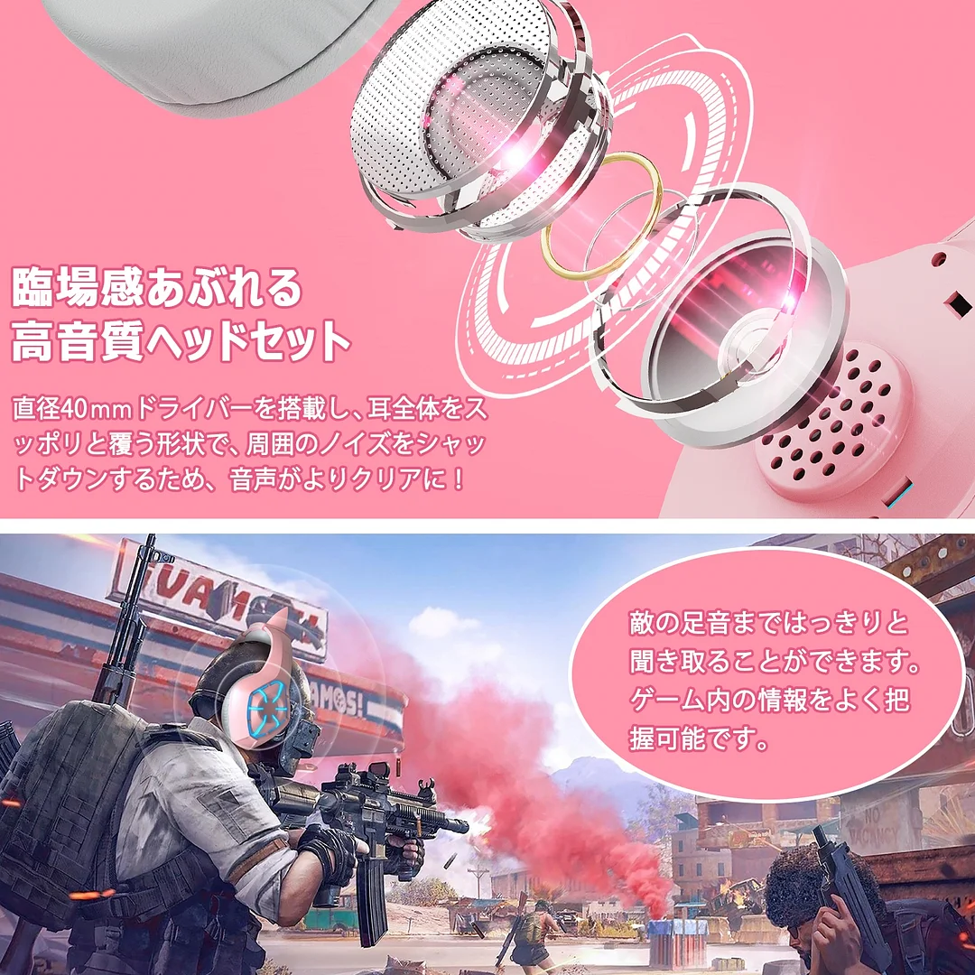 Gaming Headset with Microphone, Removable Cat Ear Surround Sound Headphone, Over-Ear Gaming Headphones with LED Light, Compatible with PC, PS4, PS5 for Girls Women (Pink)