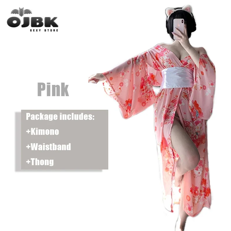 OJBK Japanese Kawaii Pink Kimono White Bow-Knot Waistband Thong Sexy Lingerie Cosplay Costumes Woman Yukata Robe With Obi Belt