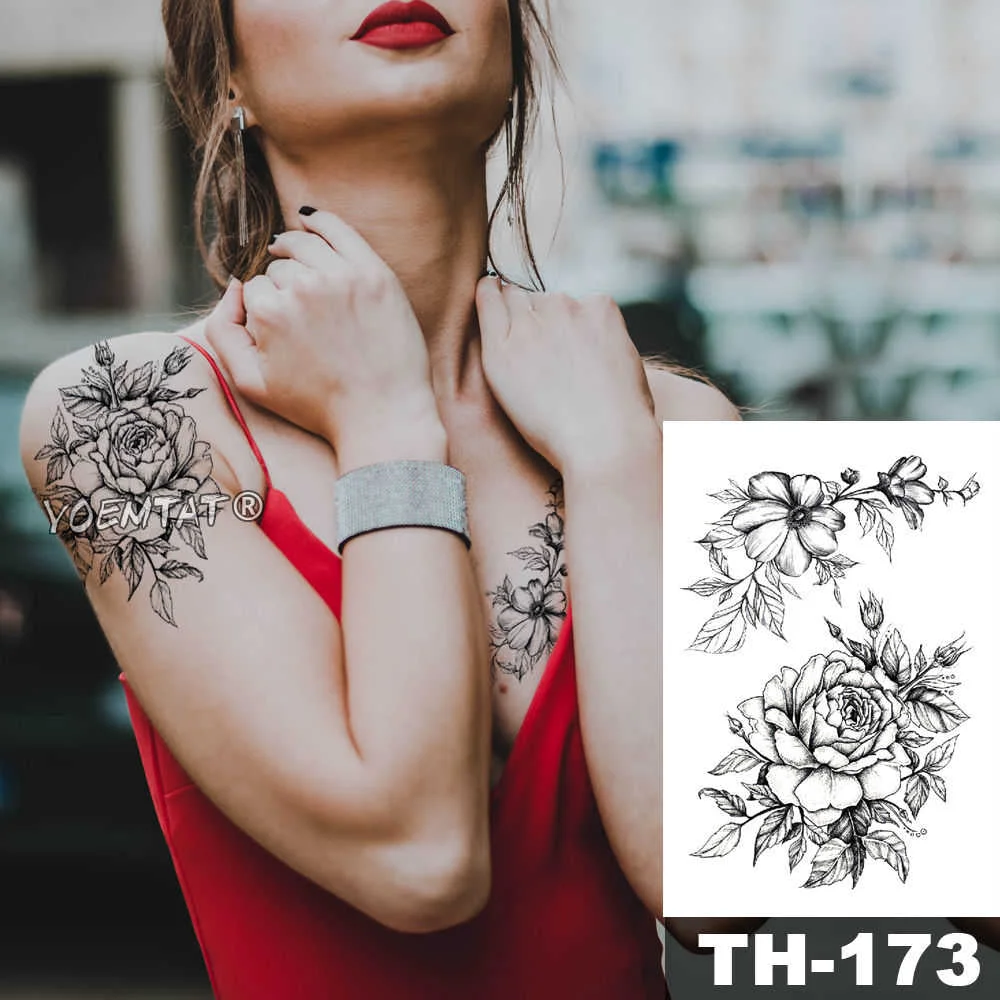 Heart shaped Clock Jewel Rose Waterproof Temporary Tattoo Sticker Black Arm Back Flowers Big Tatto Body Art Fake Tatoo For Women