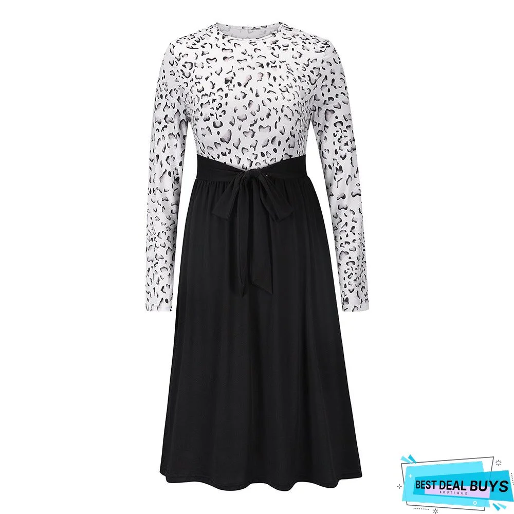 Leopard Stitched Long Sleeve Dress New Knitted Skirt In Autumn and Winter Black Dresses