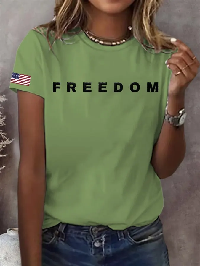 Women's Freedom American Flag Print Casual T-shirt