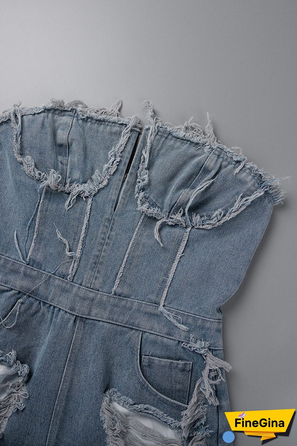 Blue Sexy Casual Street Solid Ripped Pocket Backless Strapless Sleeveless Regular Denim Jumpsuits