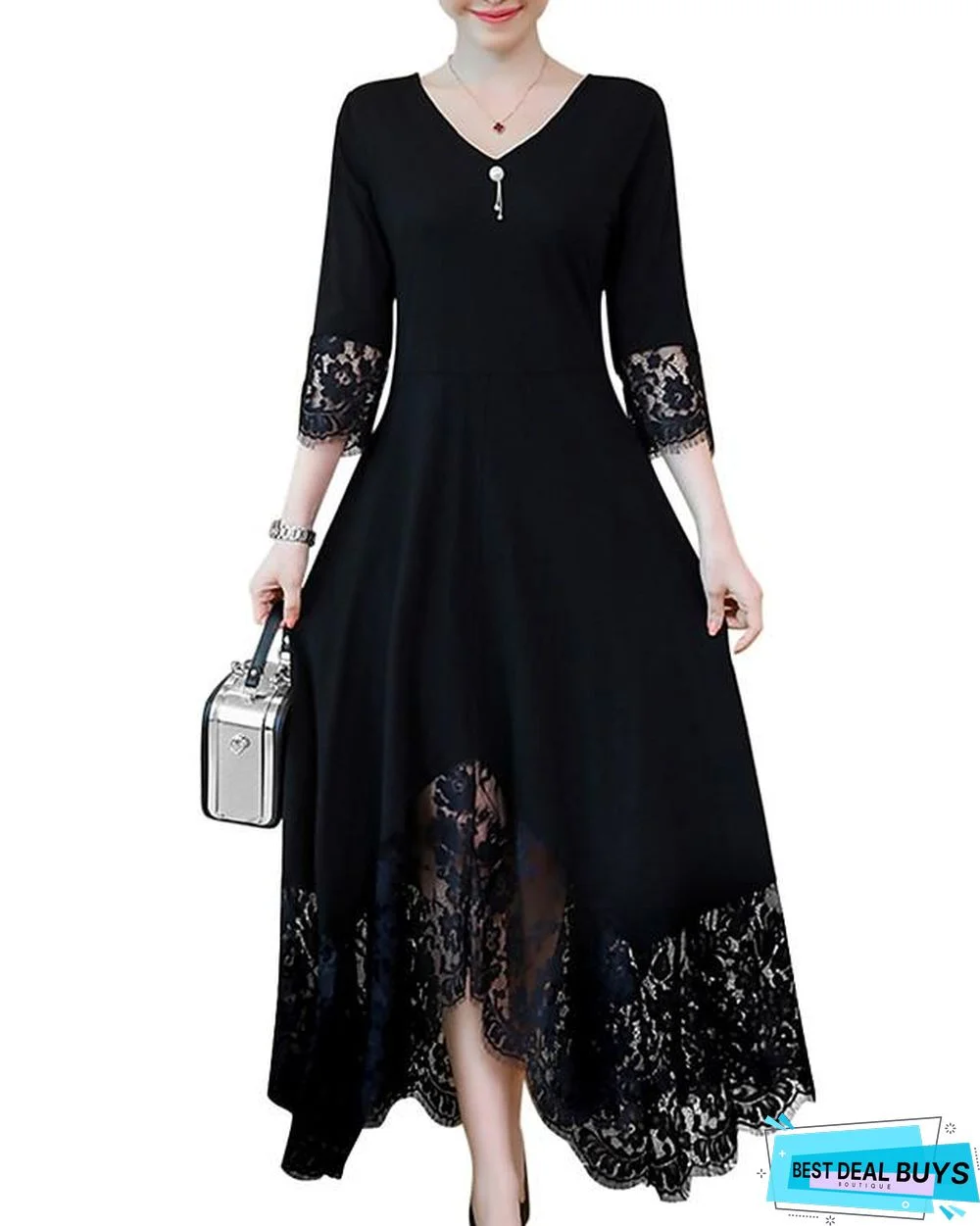 Women's A-Line Dress Maxi Long Dress - Long Sleeve Black Solid Colored Lace Trims Spring Fall V Neck Plus Size Black Dresses