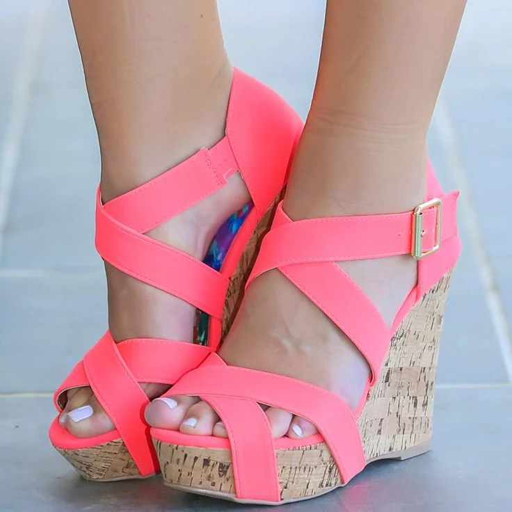 Neon Barbie Pink Cork Wedge Open Toe Crisscross Strap Platform Sandals |FSJ Shoes