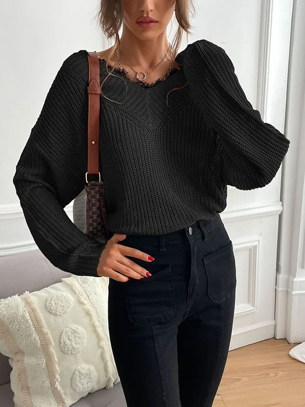 Women Long Sleeve V-neck Lace Stitching Women Sweaters