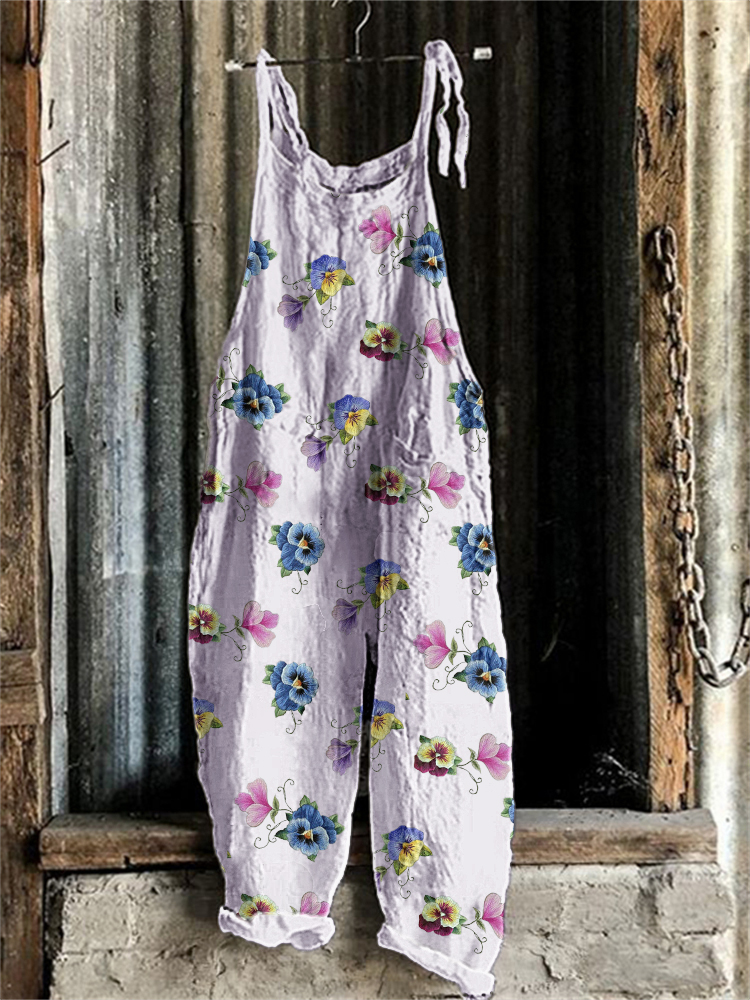 Pansy Flower Embroidery Pattern Linen Blend Casual Jumpsuit