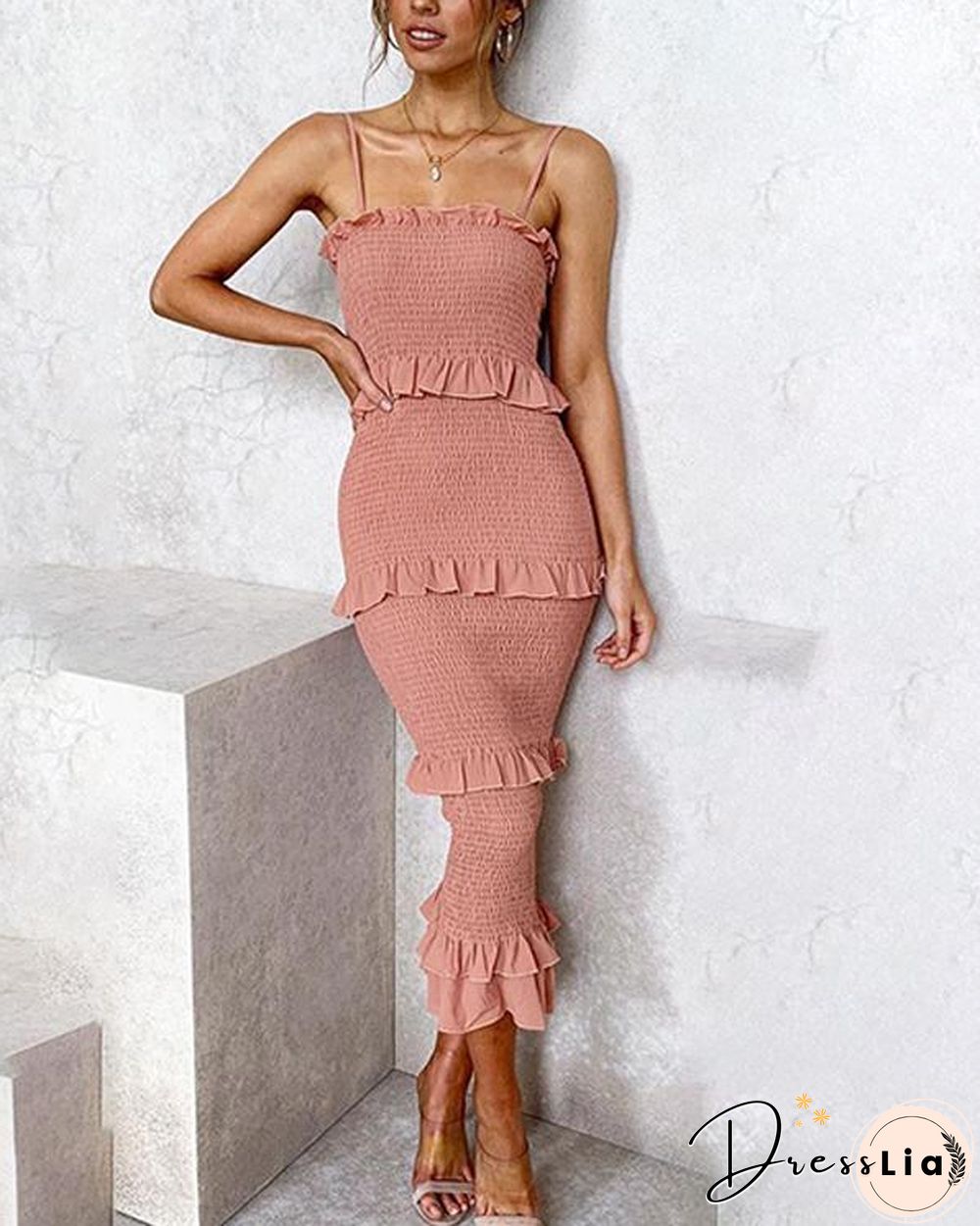 Fashion Slim Pleated Sling Cake Midi Dress