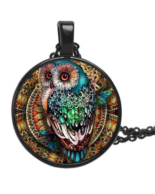 Ethnic painted owl time gemstone necklace