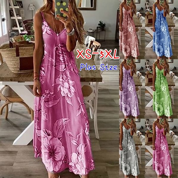 New Fashion Women's Casual V-Neck Floral Print Dress Big Swing Skirt Spaghetti Straps Dresses Loose Casual Plus Size Long Dress - Shop Trendy Women's Clothing | LoverChic