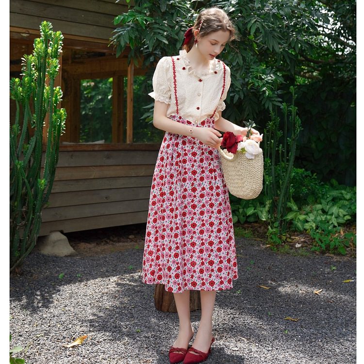 Fairy Tales Aesthetic Fairycore Sweet Rose Embroidered Skirt 2pcs Set QueenFunky