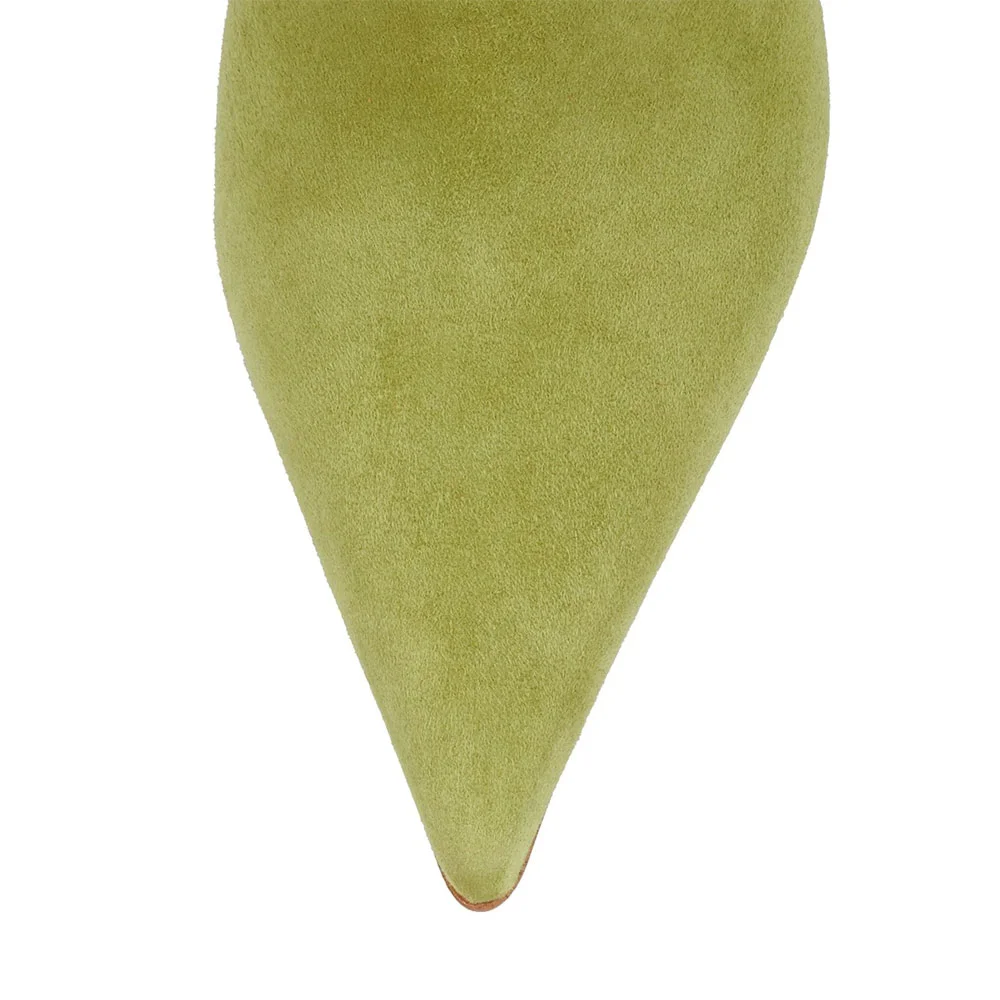 Olive Vegan Suede Slip-On Simple Mule Heels with Pointed Toe