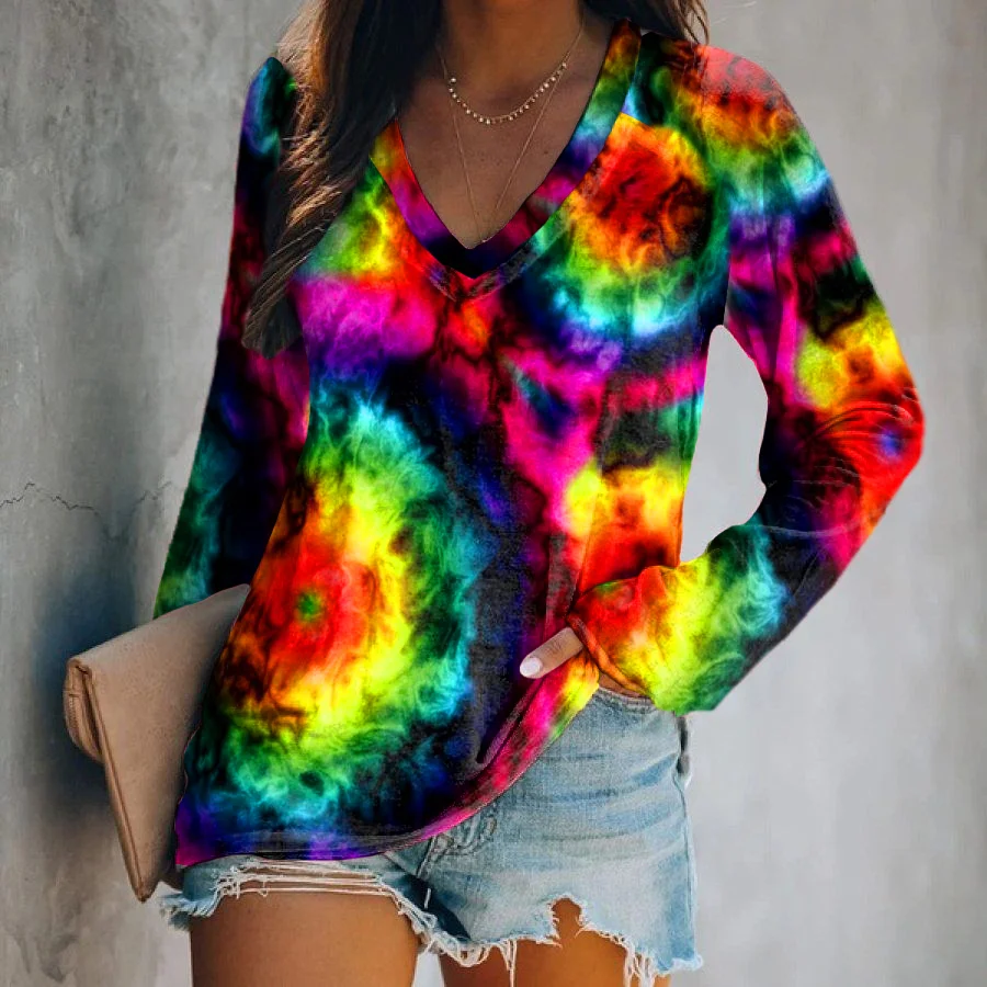 Tie-dye Color Women's Cozy V-neck T-shirt