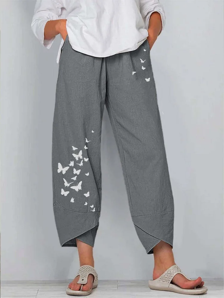 Butterfly Print Cotton and Linen Crop Pants