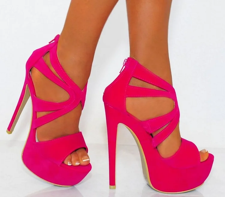 Hot Pink Platform Sandals Suede Stilettos High Heel Shoes Vdcoo
