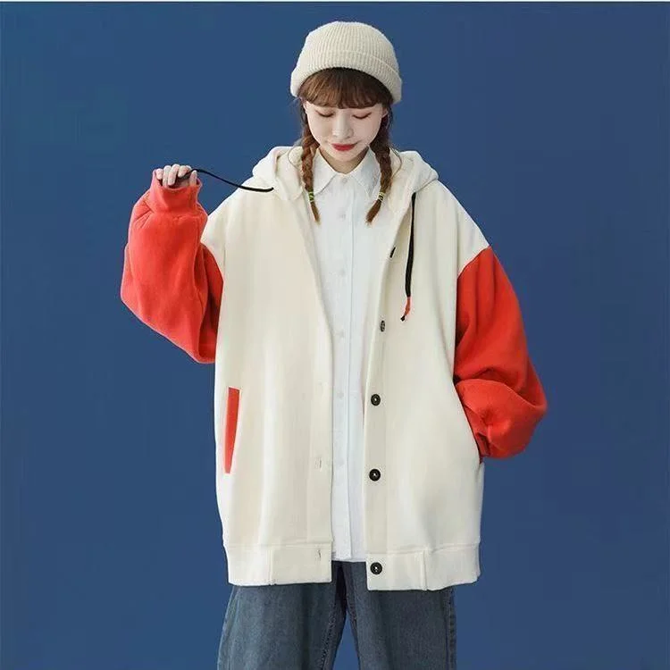 Colourp and Winter 2021 New Coat Retro Korean Stitching Plush Thickened Long Sleeve Single Breasted Fashion Hooded Loose Top