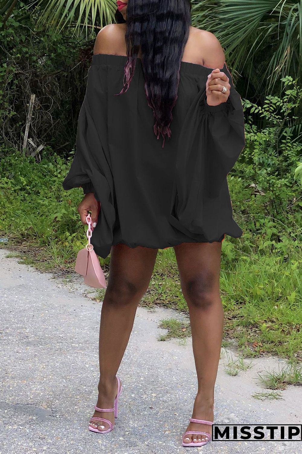 Pink Sexy Casual Solid Backless Off the Shoulder Long Sleeve Dresses