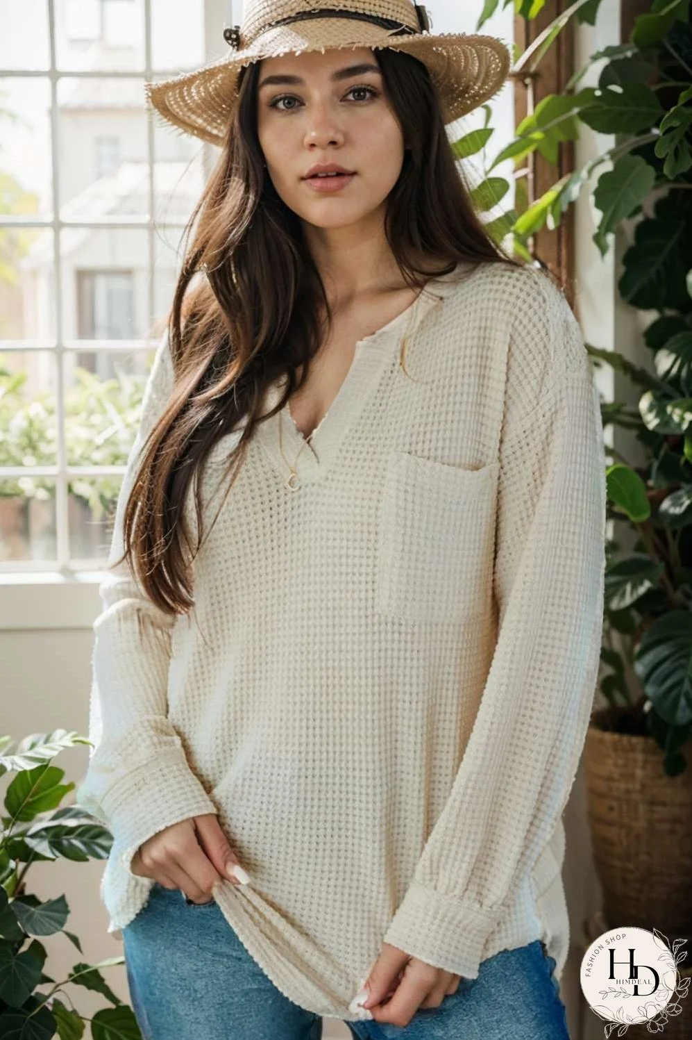 deep v neck long sleeve knitted sweater