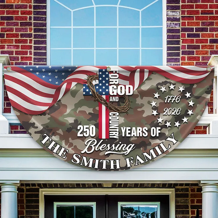 Personalized 250 Years of Freedom America Flag Custom Family Name USA 250th Anniversary 1776&ndash;2026 Camo Non-pleated Fan Flag Family Is Our Strength Flag