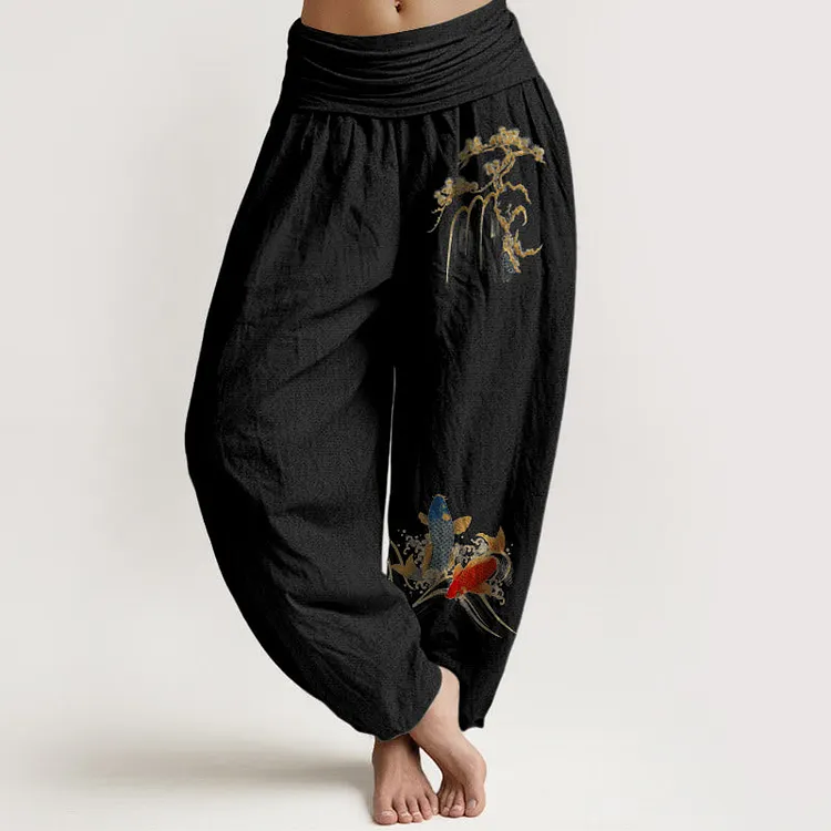 Cotton Pine Tree Koi Fish Pattern Women's Elastic Waist Harem Pants