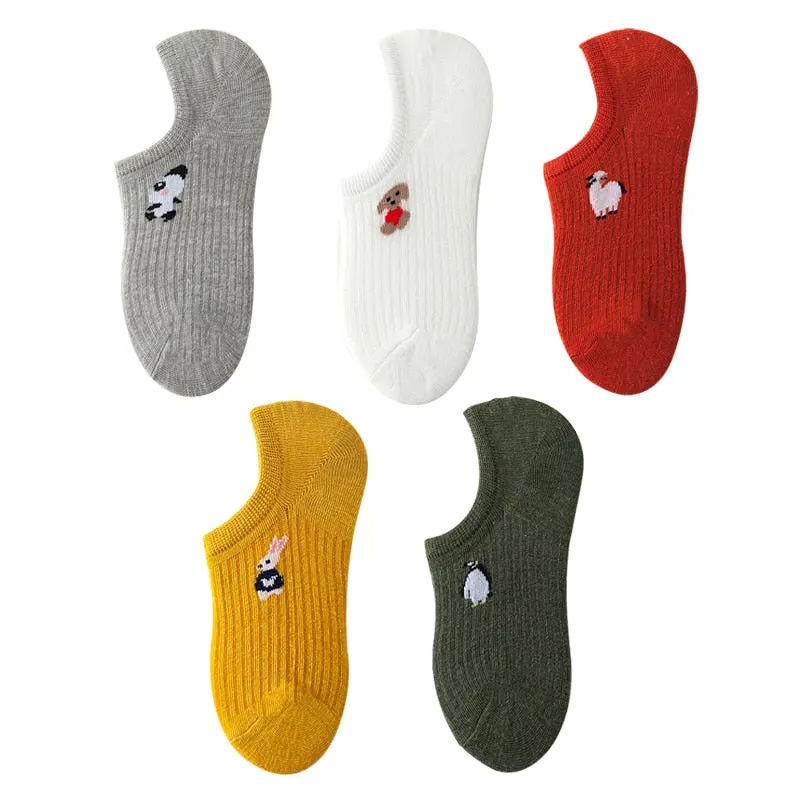 5 Pairs Kawaii Animal Print Women Socks Set Invisible Happy Fashion Ankle Funny Socks Set Girl Cotton Summer Slicone Non-slip
