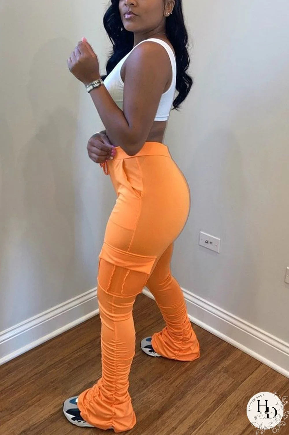 Yellow Drawstring High Solid Pocket Draped Boot Cut Pants Bottoms