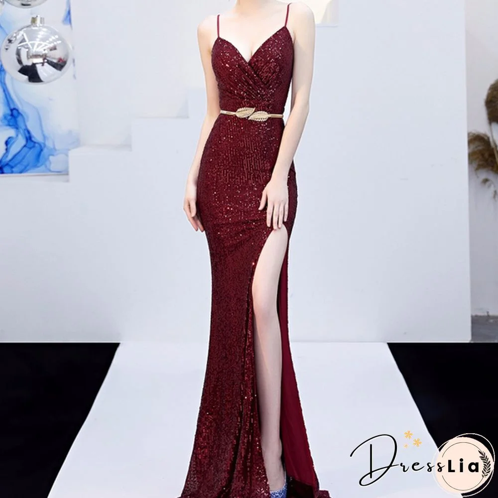 New Women Sexy Sequin Spaghetti Straps Dress Deep V Neck Sleeveless High Slit Dress Prom Formal Cocktail Pageant Party Dress Long Evening Dress