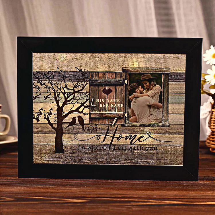 Valentine's Day Gift, Home Is Where I Am With You, Personalized Luminous Photo Frame For Couple