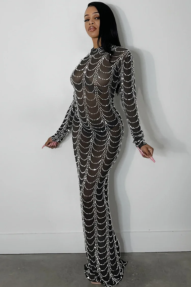 See-Through Mesh Rhinestone Embellished Long Sleeve Maxi Dress-Black