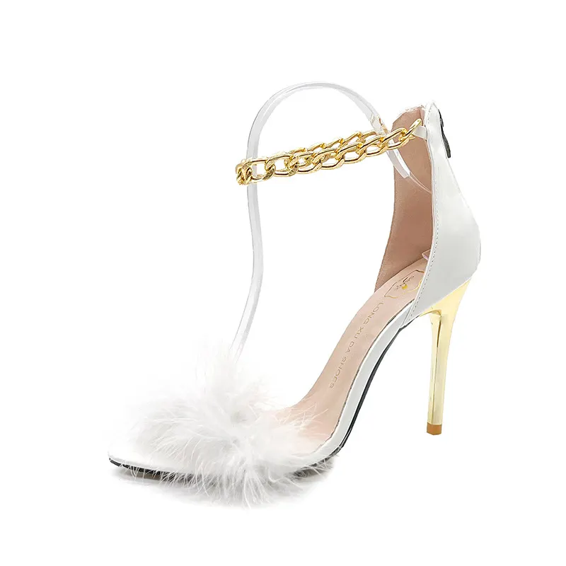 Breakj Breakj New Summer Temperament High Heels Women Metal Chain Decoration With Fine Heel Fashion Fur Sandals