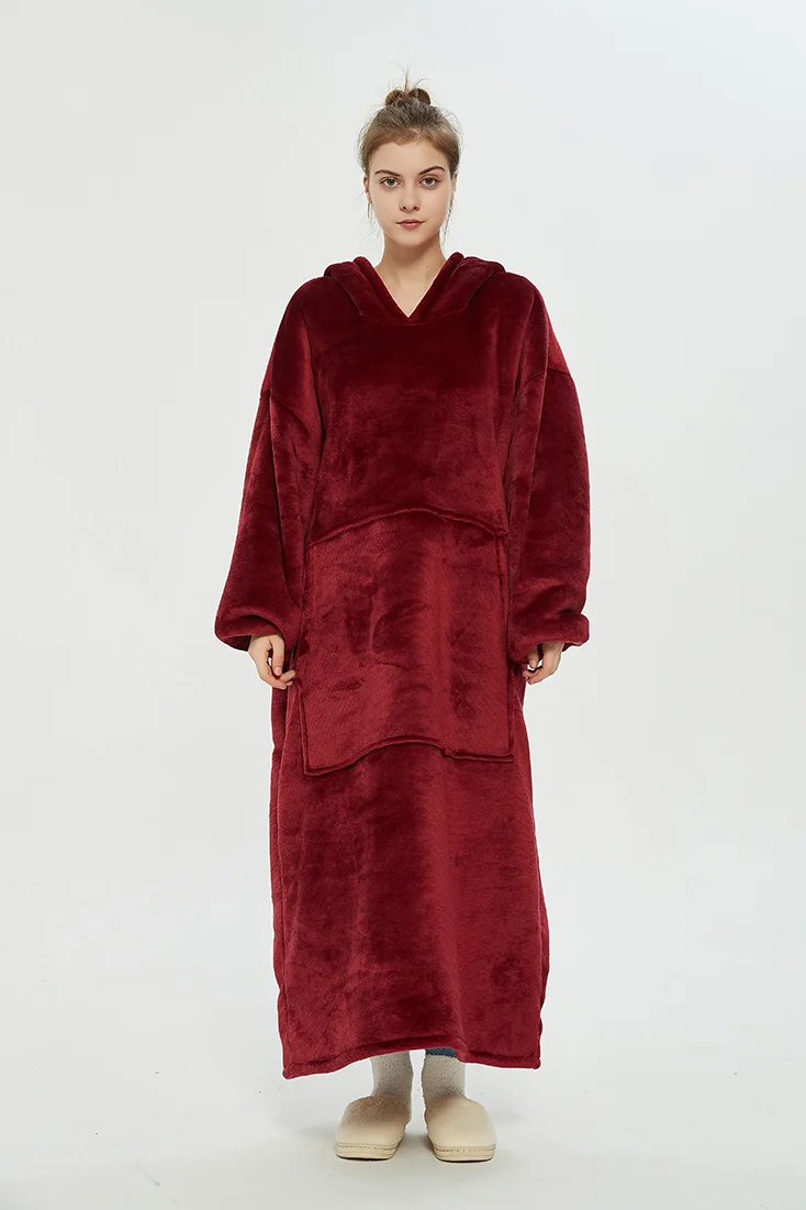 Long Winter Plush Fleece Wearable Blanket Hoodie Red  Stunahome.com