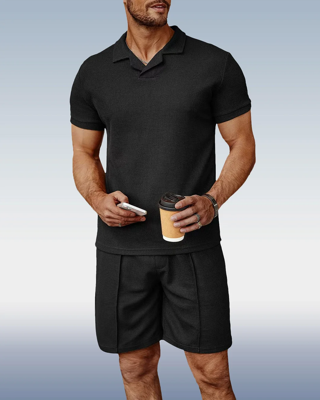 Suitmens Men's Black Knit V-Neck Polo Shirt