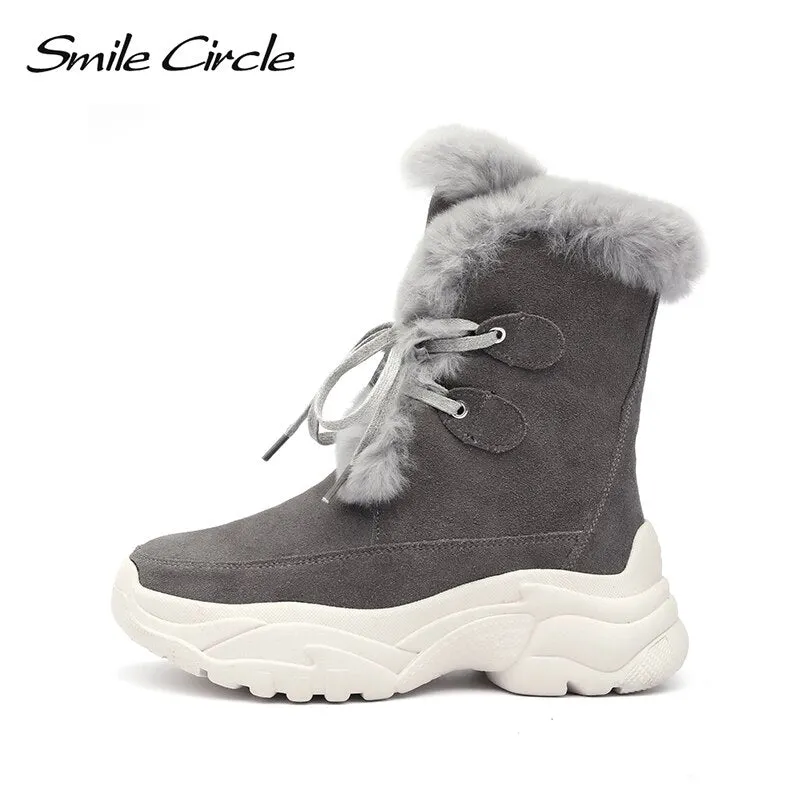 Smile Circle Suede leather Ankle Boots Women Flat platform shoes winter plush Keep warm Thick bottom Short Boots Ladies snow boo