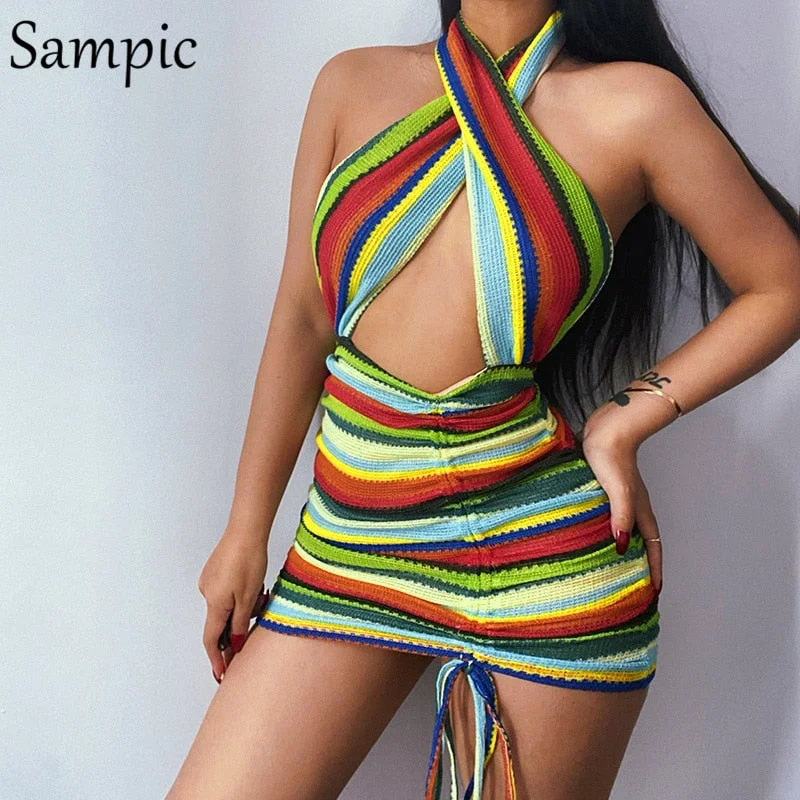 Sampic Y2K Striped Tie Dye Mini Halter Off Shouder Wrap Dress Women Sexy Club Party Knit Ruched Bodycon Dresses Summer 2021