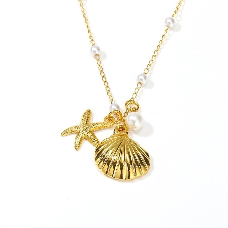 Basic Streetwear Starfish Shell Titanium Steel Artificial Pearls 18K Gold Plated Inlay Pendant Necklace