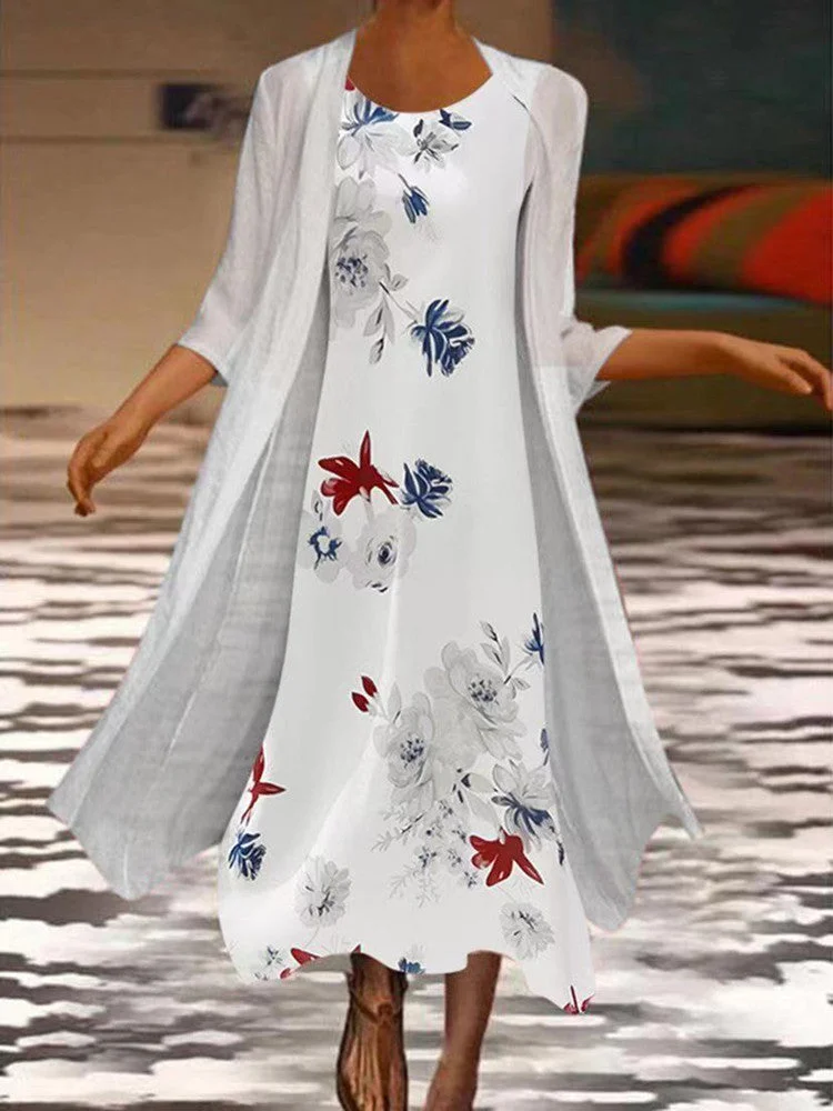 Women plus size clothing Elegant Floral Printed Half Sleeve Woven Dress Two-piece Maxi Dress-Nordswear