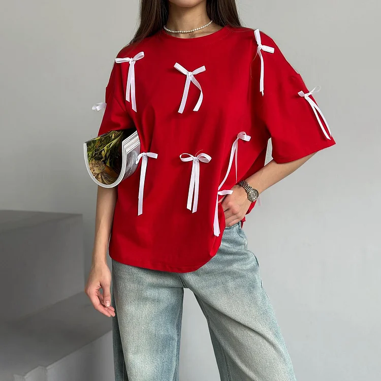 Bow Tie T-Shirt Top Loose Short Sleeves at Hiphopee