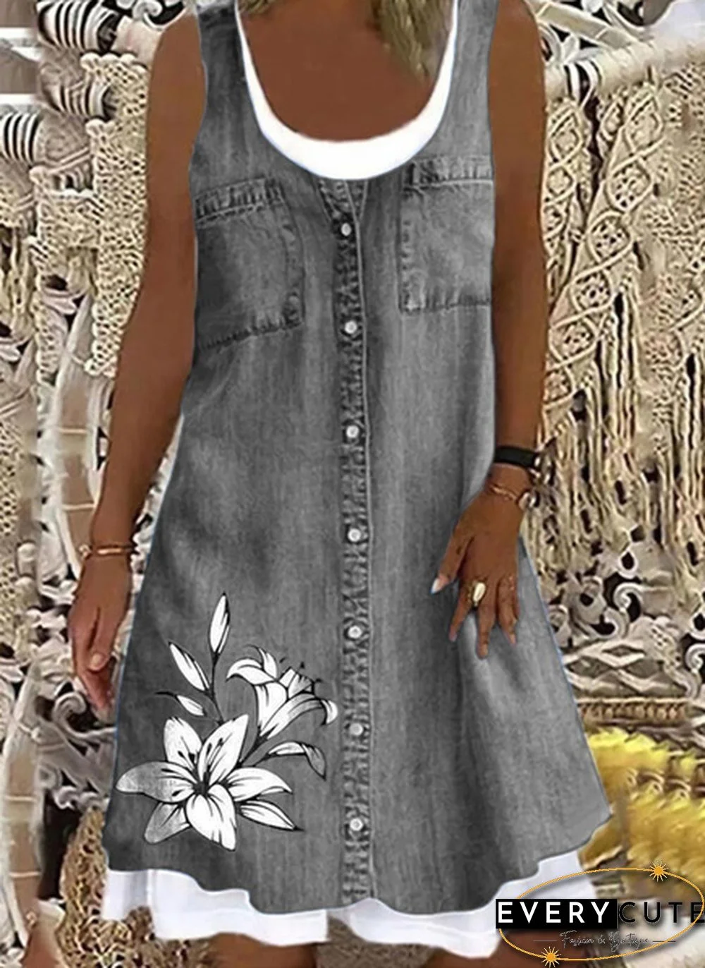 Women's Dress Summer New Fashion Women's Flower Denim Fake Two-piece Printed Casual Sleeveless Round Neck Dress Loose Plus Size Soft and Comfortable Summer Dress XS-5XL