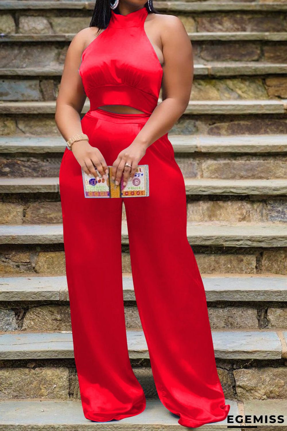 Red Elegant Solid Bandage Patchwork Halter Sleeveless Two Pieces | EGEMISS