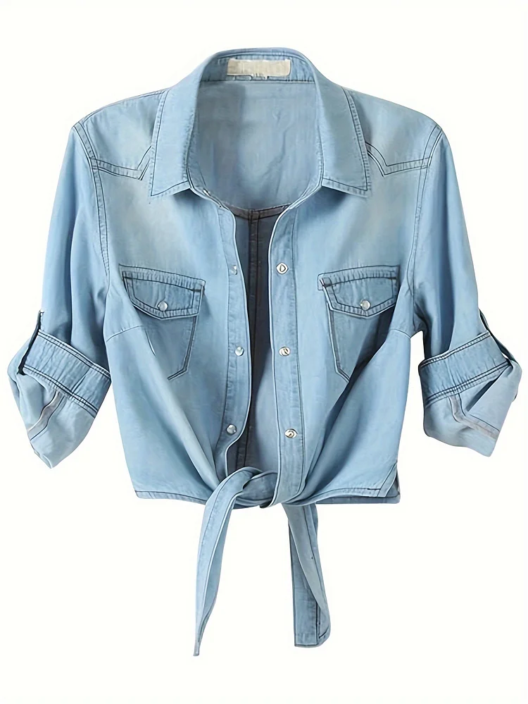 Chambray Denim Women's Crop Top | Roll Up 3/4 Sleeve Tie Front Knot Shirt